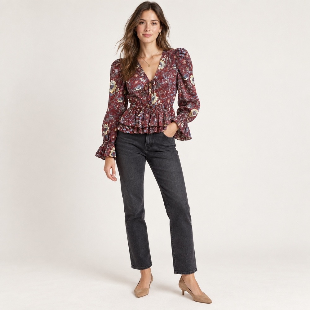 Ulla Johnson Womens 2 Ren Blouse Heliotrope Floral Peplum Victorian Cottagecore